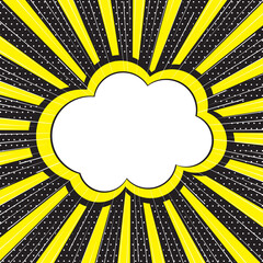 Retro empty comic speech bubble with radial diverging rays and lines and halftone dots. Mockup for comic book and manga. Vector bright dynamic cartoon illustration. Pop-art style. Template for design