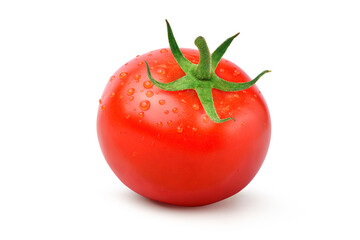 Fresh juicy red Tomato with water droplets isolated on white background.