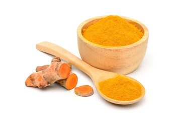 Finely dry Turmeric (Curcuma longa Linn) powder in wooden bowl and spoon with  rhizome (root) sliced isolated on white background.