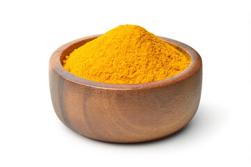 Finely dry Turmeric (Curcuma longa Linn) powder in wooden bowl isolated on white background. Clipping path.