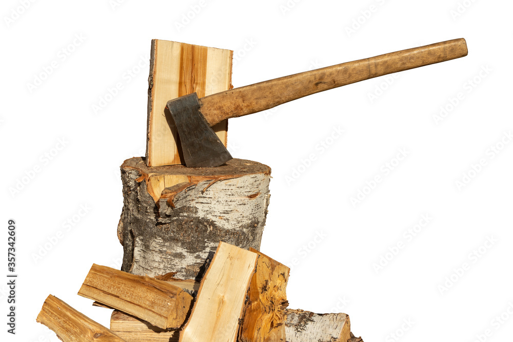 Wall mural cleaved birch firewood and an ax in a birch chopping block isolated on a white background.