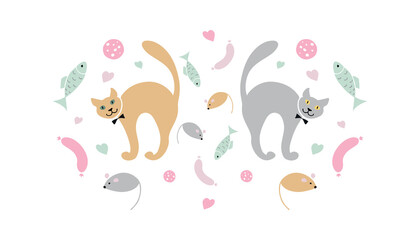 Cute friendly cartoon style cats with bow ties, hearts, cat toys, food and treats in pastel colors and white background