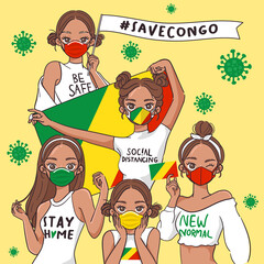 Vector Illustration for Campaign on Covid-19 Prevention : Set of pretty girls wearing medical mask and holding national flag 