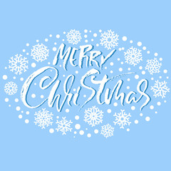 Hand drawn phrase Merry Christmas and Happy New Year. Modern dry brush lettering design. Vector typography vector illustration with snowflakes.