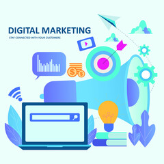Concept for Digital marketing stay connected with your customer, digital media campaign flat vector illustration with icons