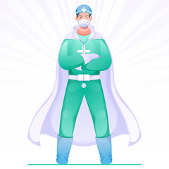 Super Doctor Hero wearing PPE Kit for Fighting the Coronavirus (Covid-19).