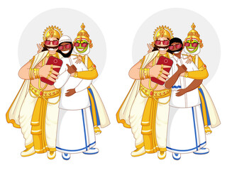 Illustration of King Mahabali, Kathakali Dancer, Muslim Man, South Indian Man Taking Selfie Together in Two Option.