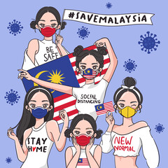 Vector Illustration for Campaign on Covid-19 Prevention : Set of pretty girls wearing medical mask and holding national flag
