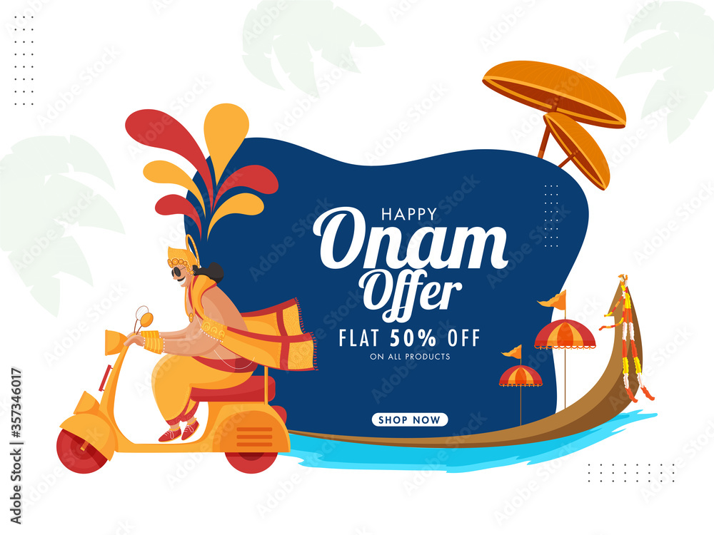 Canvas Prints happy onam sale poster design with 50% discount offer, aranmula boat and king mahabali driving scoot