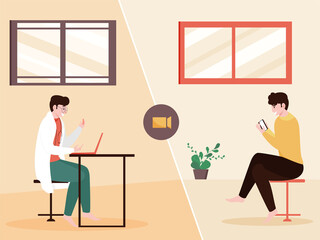 Online Consultation Concept, Illustration of Patient having video call with doctor on peach background.