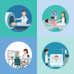 Medical service concept with doctors and patients flat design vector illustration