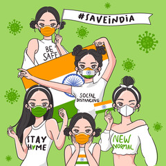 Vector Illustration for Campaign on Covid-19 Prevention : Set of pretty girls wearing medical mask and holding national flag