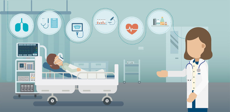 Medical service concept with patient and ventilator flat design vector illustration