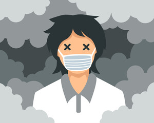 Exhausted woman wearing mask while surrounded by smoke