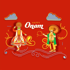 Cheerful King Mahabali with Kathakali Dancer Character and Line Art Waves on Red Background for Happy Onam Festival.