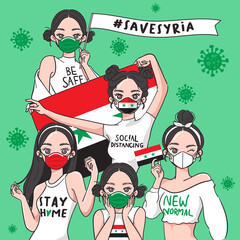 Vector Illustration for Campaign on Covid-19 Prevention : Set of pretty girls wearing medical mask and holding national flag