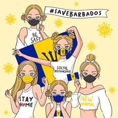 Vector Illustration for Campaign on Covid-19 Prevention : Set of pretty girls wearing medical mask and holding national flag