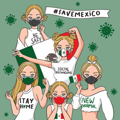 Vector Illustration for Campaign on Covid-19 Prevention : Set of pretty girls wearing medical mask and holding national flag