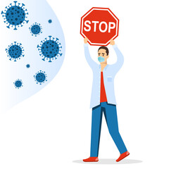 COVID-19. A masked man holds a banner stop coronavirus, protecting himself from viruses flying at him. Vector illustration.