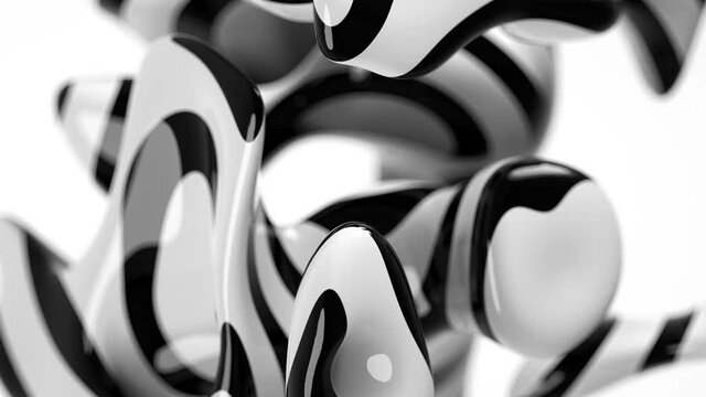 3d animation with black and white surreal liquid life object in transform process in glossy ceramic material with black and white lines pattern with selective focus and depth of field effect