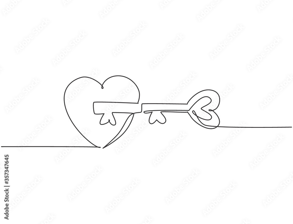 Poster single continuous line drawing of pair heart shaped key and keyhole fit on puzzle symbol. romantic c