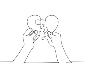 Single continuous line drawing of cute young happy man put the puzzle pieces together to heart shape form. Romantic love marriage concept. Modern one line draw graphic design vector illustration