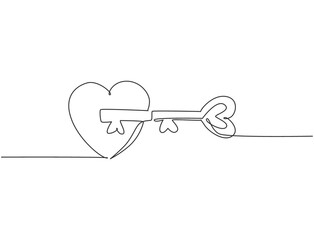 Single continuous line drawing of pair heart shaped key and keyhole fit on puzzle symbol. Romantic couple mate marriage concept. Modern one line draw graphic design vector illustration