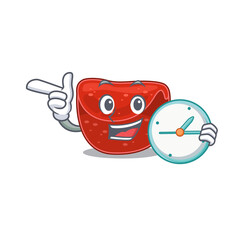 mascot design style of meatloaf standing with holding a clock