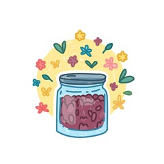 Reusable glass jar icon in cartoon doodle style. Zero waste life concept. Hand drawn sticler jar for shopping with nature organic flower decoration. No plastic style. Vector
