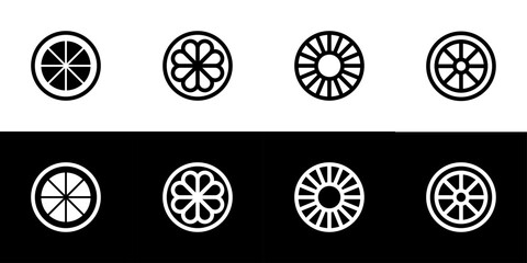 Fruit half cut icon set. Orange, mangosteen, pineapple, and lemon. Flat design icon collection isolated on black and white background.