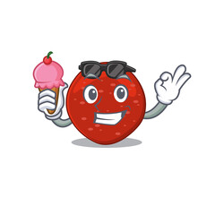 A cartoon drawing of peperoni holding cone ice cream