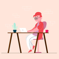 Young man sitting on the chair and using laptop vector illustration