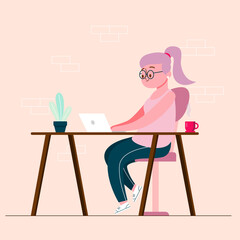 Smiling woman with laptop in home office vector illustration
