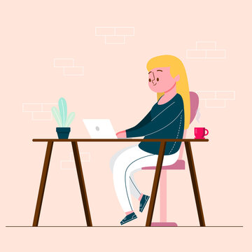 Smiling woman sitting at desk vector cartoon style