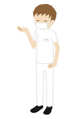 Illustration of a male medical worker (physiotherapist) wearing a mask (Information pose)