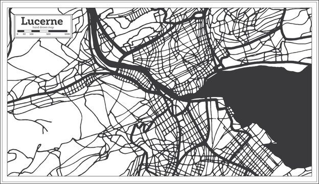 Lucerne Switzerland City Map in Black and White Color in Retro Style.