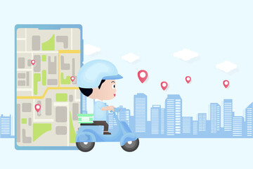 Online ordering via application with delivery staff, Vector illustration in lineart style.