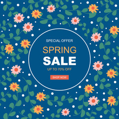 Fototapeta premium Flat design spring sale with ditsy colourful flowers. - Vector.