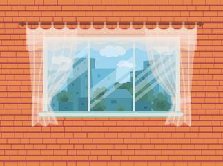 Window with city landscape and trees view outside.
