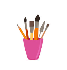 Pencils, brushes, in jar colorful vector illustration