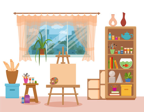 Art studio interior colorful vector illustration.