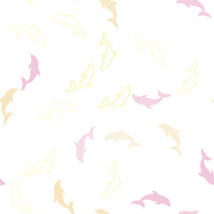 Light Pink, Yellow vector seamless background with dolphins.