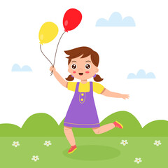 Cute cartoon girl with colorful balloons. Summer.
