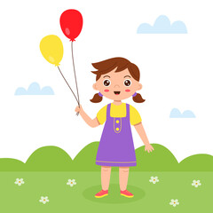 Cute cartoon girl stands with colorful balloons.