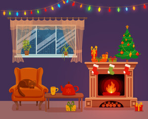 Christmas room interior in colorful cartoon flat style.