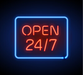 Neon sign Open 24 7 light vector background