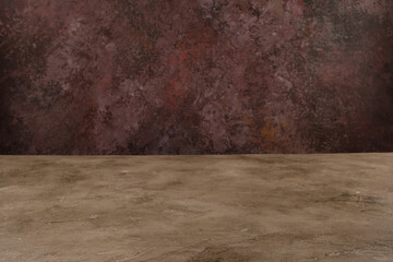 Image of textural table in front of abstract blurred background. Empty textural table platform over background for present product. Copy space.