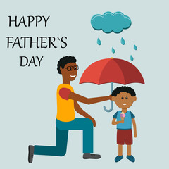 father's Day card with the image of a male father holding an umbrella over his son, flat style, color vector illustration, design, greeting, gift