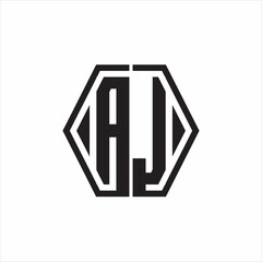 AJ Logo monogram with hexagon line rounded design template on white background