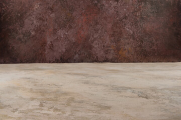 Image of textural table in front of abstract blurred background. Empty textural table platform over background for present product. Copy space.